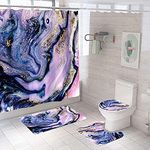 Marble Shower Curtain with Bath Mats Sets, 4 Pcs Abstract Washable Bathroom Décor Set with Toilet Lid Cover, Non-Slip Rugs, Absorbent Pedestal Pads and Waterproof Bathtub Curtains with Hooks (Purple)