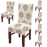 BRIDA® Polyester Spandex Stretchable Floral Geometric Printed Dining Chair Covers Elastic Chair Seat Case Protector, Slipcovers (6 Chair Cover, Damask Beige)