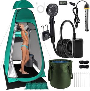 Brarvagur Portable Camping Shower with Heater & Rechargeable Pump – 1.9M Privacy Shower Tent, 28L Foldable Bucket, 4000mAh Battery, 1502W Immersion Heater – Outdoor Shower Kit for RV, Beach