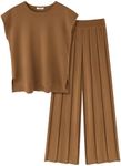 Ekouaer Lounge Sets for Women Two Piece Outfits Knit Cap Sleeve Tops Wide Leg Pleated Pants Casual Dressy Sweater Sets Light Brown