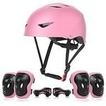 ValueTalks Kids Helmet and Pads Set Age 5-12 Years Kids Skateboard Helmet Knee Pads Elbow Pads Wrist Pads for Roller Scooter Cycling Skating (Pink)