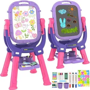 Ylovetoys Easel for Kids, Toddler Art Easel Adjustable Standing, Magnetic Double Sided Easel with Painting Accessories Gift for Boys and Girls (Purple red)