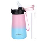 GOPPUS Kids Water Bottle with Straw & Spout Lid 12 oz Insulated Stainless Steel BPA-Free Double Wall Vacuum Kids Cup Metal Water Bottles with Strap Handle for Girls, Boys (Pink Blue)