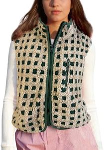 SeeLuNa Womens Checkered Sherpa Vest Sleeveless Winter Fleece Jacket High Neck Zip Up Plaid Gilet with Chest Pocket(Green,M)