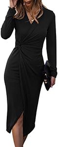 SHIBEVER Women Casual Dresses V Neck Long Sleeve Twist Front Waist Ribbed Knit Bodycon Slit Dress Cocktail Party Midi Dress, 4186-black, X-Large
