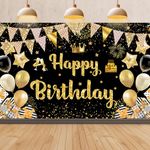 SJENG Black and Gold Happy Birthday Banner, Happy Birthday Background Banner, Happy Birthday Decorations, Black and Gold Birthday Background, Birthday Party Decorations