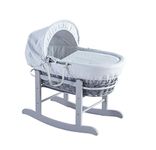 ELEGANT BABY White Waffle Grey Wicker Moses Basket with Deluxe Grey Rocking Stand, Adjustable Hood, Fibre Mattress & Padded Liner