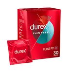 Durex Thin Feel Condoms, Close Fit, 30s, Secure, Tighter, Natural Latex, with Silicone Lube, Easy On Shape