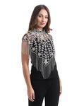 Women's Net Hand Bead Embroidery Designer Short Cape Star Poncho (Free Size, Black Silver)