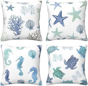 HOSTECCO Juego de 4 fundas de cojín oceánicas de 45 x 45 cm, diseño de tortuga y estrella de mar, fundas de almohada decorativas náuticas para sofá, sala de estar