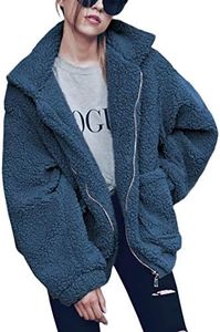 ECOWISH Women Jacket Winter Coat - 2023 Fur Fleece Long Sleeve Sherpa Faux Fuzzy Fall Teddy Fluffy Zip Lapel Outfits Blue XL