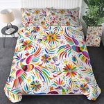 Sleepwish Mexican Bedding Colorful Floral Mexico Duvet Cover Mexican Bird Tile Folk Art Bed Set 3 Pieces Traditional Bedspreads Queen Size