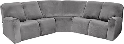 OKYUK Velvet Stretch Corner Sectional Sofa Slipcovers, 7-Piece for 4 Seat Recliner + 1 Corner Seat, Sectional Recliner Couch Covers Soft Stretch Corner Sofa Cover Slipcovers (5 Seater, Silver Grey)