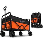 Kamopot Collapsible Wagon Cart,Foldable Beach Wagon, Folding Wagon for Sand.Utility Cart for Yard/Sports.220lb Heavy Duty with Cupholders & Big DIY Wheels (Black & Orange)