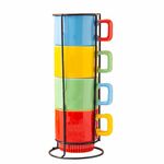 MECOWON 12 OZ Porcelain Stackable Mugs with Rack, Set of 4 Coffee Mugs for Coffee, Cocoa, Milk and Tea, Multicolor