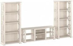 Bush Furniture Homestead Stand for 70 Inch TV with 4 Shelf Farmhouse Bookcase Set, Linen White Oak