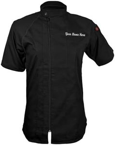 ChefsCloset Personalized Women's Modern Short Sleeve Chef Coat – Embroidered Jacket with Offset Zipper and Mesh Panels (Black, X-Small)