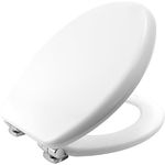 Bemis Vegas Ultra-Fix White Toilet Seat. Soft Close Toilet Seat, Wooden Toilet Seat with Chrome Plated Hinges. Universal Toilet Seat, Easy to Clean & Quick Installation,