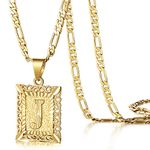 KissYan Initial Letter Pendant Necklace for Men Womens, 14K Gold Plated Square Capital Monogram Necklace Silver Alhpabets from A-Z Figaro Chain Necklace(Golden 003J)