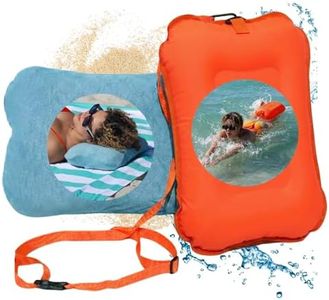 Handy Beach Goods 3-in-1 Beach Pillow, Swim Buoy & 1L Waterproof Dry Bag – Windproof Inflatable Lounge Pillow with Terry Cover & Chair Strap – Open Water Swim Float with Dry Storage Pocket