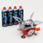 ATTRACTIVE -Portable Camping Gas Stove for Travel with Butane Gas Cylinder, Foldable Furnace & Refill Canister Kit, Lightweight Gas Burner for Hiking & Emergency Cooking Use (4 Gas Refill + 1 Stove)