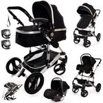 Baby Stroller 3 in 1 Pram Pushchair Buggy Child Lightweight Folding Stroller 3 in 1 Travel System Pram for Newborns Toddlers from Birth Aluminium NEW Upgraded 2025 Style (Black - Silver Frame)
