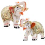 KRAFTSKALA Marble Elephants Pair Set of 2 Showpieces Size 4 inch Elephant Statue Gift, Decor Item for Home Entrances, Living Room, Tabletop, Office Desk (4 * 5inch, 2, White-Gold)