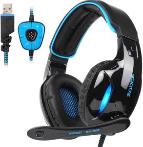 SADES SA902 Stereo Gaming Headset 7.1 USB Surround Sound PC Headsets Over-Ear Gaming Headphones with Microphone LED Light Black Blue