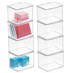 mDesign Small Plastic Home Office Storage Organizer Box Containers w/Hinged Lid for Desktops - Holds Pens, Pencils, Sticky Notes, Highlighters, Staples, Supplies - Lumiere Collection - 8 Pack - Clear