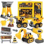 Yetli Construction DIY with Working Drill Machine Pretend Play Toy Trucks Play Set Building Vehicles Set for Kids, Boys and Girls (DIY with Working Drill)(Yellow)