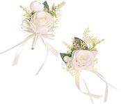 ANNKIN Ivory Corsage and Boutonniere Set, White Rose Boutonniere for Men Wedding, Prom Artificial Flower Wrist Corsage Bracelets, Homecoming Corsage Wristlet, Flowers Accessories Prom Suit Decorations