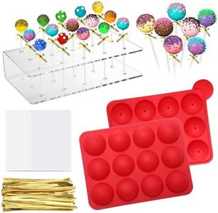 Cake Pop Mold Set, 12 Cavity Silicone Cake Pop Maker, 100pcs Cake Pop Stick,15-Hole Acrylic Lollipop Holder for Baking Lollipop, Hard Candy, Cake (Red)