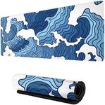 Japanese Blue and White Wave Gaming Mouse Pad XL, Non Slip Rubber Base Mousepad, Stitched Edges Desk Pad, Extended Large Mice Pad,31.5 X 11.8 Inch