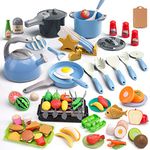 Zero Zoo 105Pcs Kids Kitchen Toy Accessories, Toddler Pretend BBQ Camping Cooking Playset, Play Pots, Pans, Utensils Cookware Toys, Play Food Set, Vegetables, Learning Gift for Girls Boys (Blue)