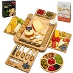 Large Charcuterie Board Set - Recipe Book with Guide - 2 Ceramic Bowls & Plates, 4 Magnetic Drawers Bamboo Cheese Knife Set, Round Tray - Christmas & Housewarming Gifts