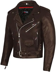 Men's ICONIC Brando Leather Motorcycle Jacket Premium Real Natural Buffalo Biker Jacket - Side Laces Concealed Carry Pockets, All-Season Leather Motorcycle Jacket for Men Brown L