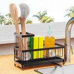 Sponge Holder for Kitchen Sink with Auto Draining Tray,Kitchen Sink Caddy Organizer with Brush Holder, Rustproof 304 Stainless Steel Dish Organizer Divider, Soap Dispenser Storage