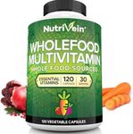 Nutrivein Whole Food Multivitamin - Complete Daily Vitamins for Men and Women from Natural Whole Foods, Real Raw Veggies, Fruits, Vitamin E, A, B Complex - 30 Day Supply (120 Capsules, Four Daily)