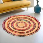 Kuber Industries 3x3 Feet Satranji Round Jute Rug & Carpet for Home & Bedroom | Aesthetic Non-Slip Floor Rugs for Living Room | Stripes - Pink