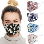 ecotru 5 Pack 100% Cotton, Reusable Face Masks UK | Washable, Nose Wire for Glass Wearers, 3-Ply Fabric Mask, Filter Pocket & Adjustable Straps | Pretty Facemask Coverings