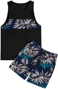 GORGLITTER Men's 2 Pieces Set Floral Print Elastic Waist Shorts Sleeveless Tank Top Outfit Tracksuit Black and Navy Blue Leaf X-Large