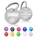 Dog Tags for Pets Engraved UK Personalised Large Dog Tags High End Alumunium Custom Laser Engraved Scratch Resistant Dog ID Tag with Any Name for Puppy Cat Dog (Round, Metallic Silver)