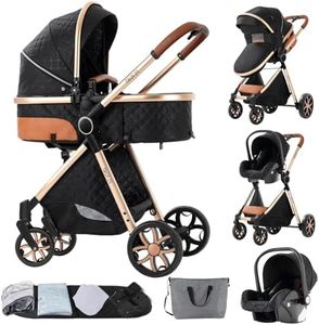 MoLi Kinderwagen 3 in 1, Kinderwagen mit Umkehrbarem Doppelschiebemodus, Buggy mit Großer Bequemer Babywanne, Kombikinderwagen 3 in 1 Rahmen Aluminiumlegierung Faltbar Hohe Landschaft (225 Black Gold)