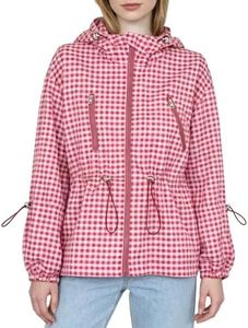 AIWUFLY Women Lightweight Jackets Anorak Plaid Print Utility Drawstring Waist Coat Hoodie Zip Up Outfits Jacket with Pockets Red Medium