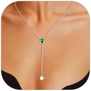 FOCALOOK May Birthstone Necklace for Women Mom 925 Sterling Silver Simulated Emerald Pear Lariat Pendant with Chain Birthday Jewelry