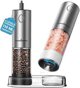 ThermoMaven Electric Salt and Pepper Grinder Set, 110ml Larger Rechargeable Automatic Salt and Pepper Mill Grinder with 6 Adjustable Coarseness, Salt and Pepper Shakers, LED, 2 Packs, Black & White