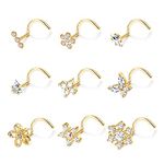 BodyBonita 9Pcs 20G Nose Rings Studs with Big Bling CZ Snowflake Star Top Surgical Steel L-Shaped Nose Studs Triple Linear Gem Ball Round Diamond CZ Nose Piercing Jewelry 7mm