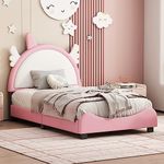LostCat Twin Kids Bed with Unicorn Shape Headboard, Cute Upholstered Princess Bed with Slat Supports, Kids Twin Size Bed Frame for Boys Girls, No Box Spring Needed, Pink