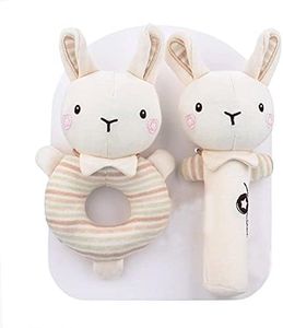 Anguxer 2 pièces Bébé Jouet Hochet, Hochet bébé en coton bio, Hochet Jouets avec cloche, Jouet Éducatif Cadeau pour Bébé Nouveau-né, 3 Mois et Plus