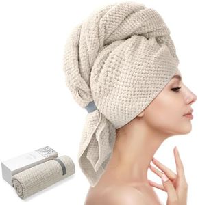 YFONG Large Hair Towel Wrap for Women, Super Absorbent Microfiber Hair Towel for Curly Hair, Fast Drying Hair Turbans with Elastic,Hair Drying Towel Wrap for Hair Care 26.3" X 40" (Camel)